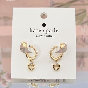 Kate Spade Earrings Gold Tone Imitation Pearl Heart Huggie Hoops Christmas Gift